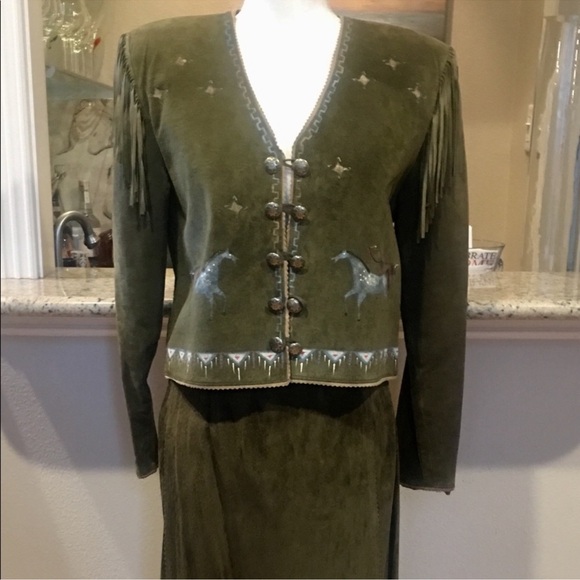Jackets & Blazers - Patty Lewis Patricia Wolf leather fringe jacket skirt hand painted Indian ponies